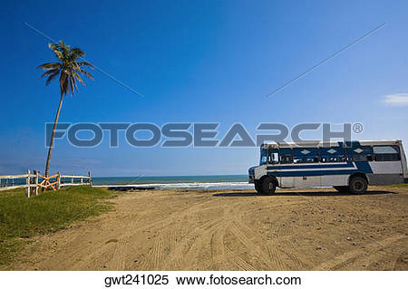 Stock Image of Bus parked on the beach, Ranch Beach, Papantla.