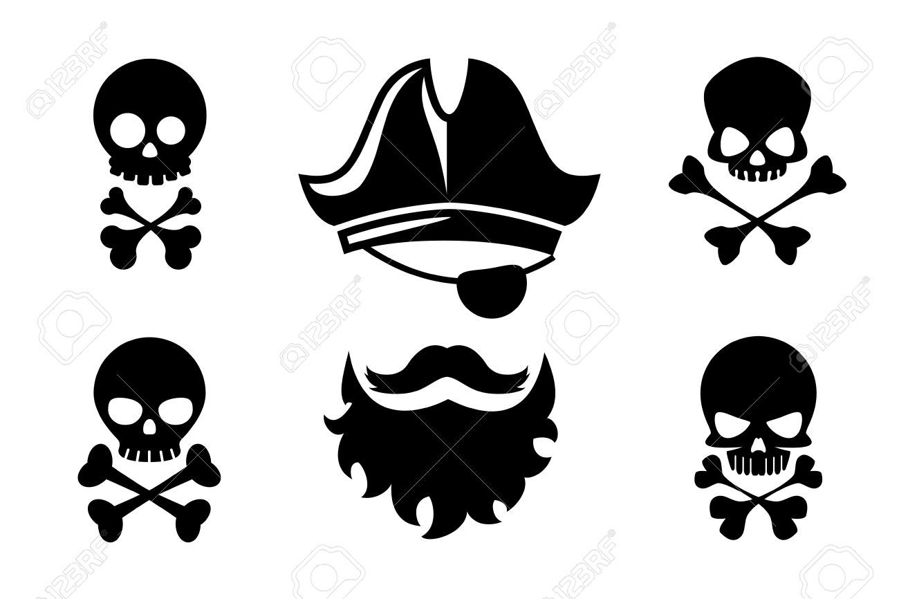 Pirate head vector icons with skull and crossed bones.