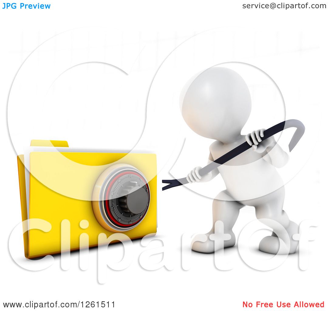 Clipart of a 3d White Man Trying to Pry Open a Secure File.