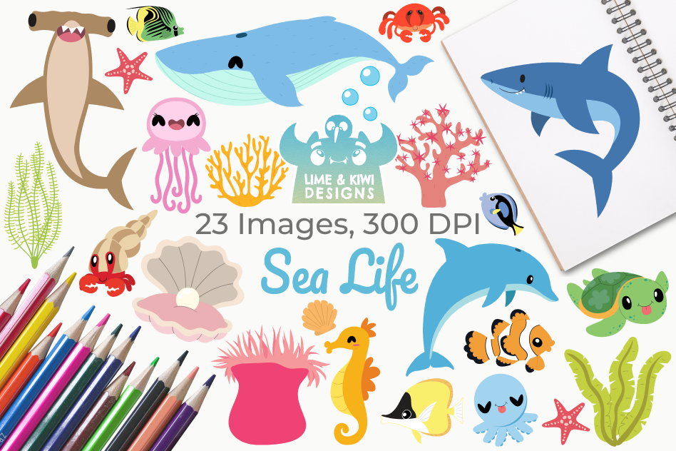 Sea Life Clipart, Instant Download Vector Art.