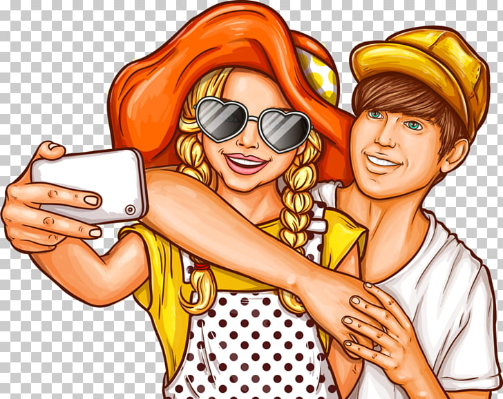 Pop art, selfie friends, man and woman PNG clipart.