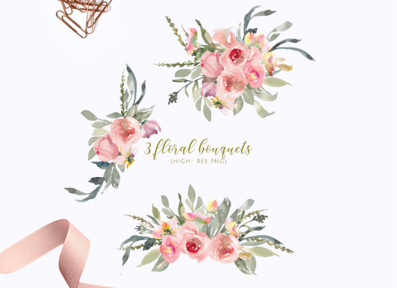 Watercolor Soft Blush Flower Clipart Set.