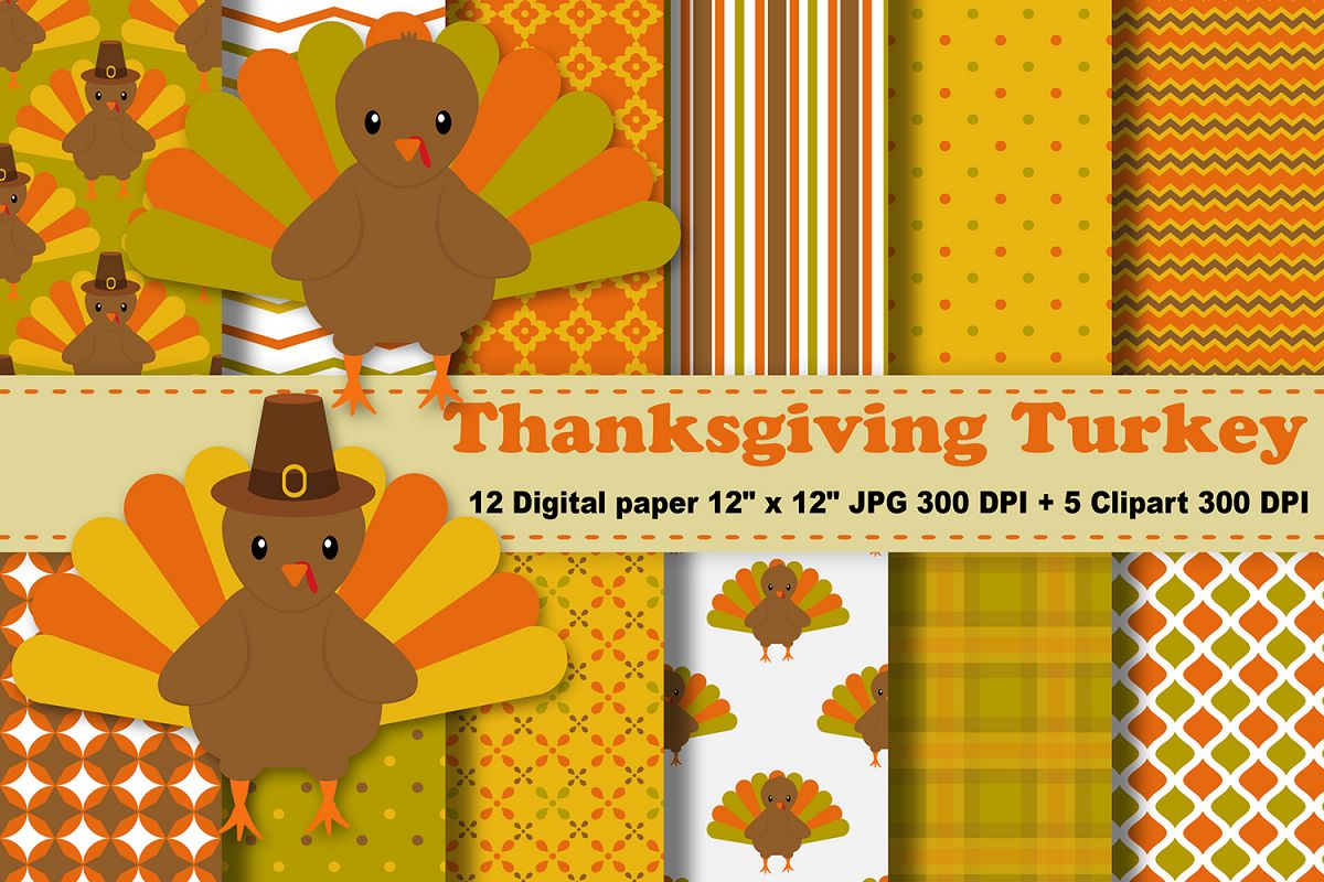 Thanksgiving Digital Paper, Thanksgiving Turkey Background, Fall Pattern,  Autumn Printables, Scrapbook Papers, Digital Scrapbooking, Turkey Clipart..