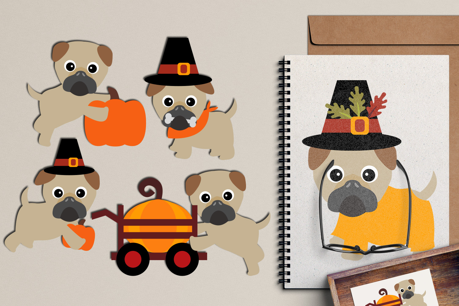 Thanksgiving Pugs clipart graphic, cute pug dog pet clip art.