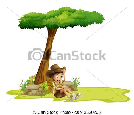 Clip Art Vector of A boy resting under a tree.