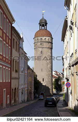 Stock Photo of Nikolaistrasse street with Nikolaiturm tower.