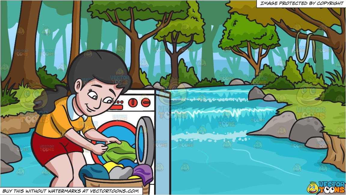 A Woman Taking Out Her Washed Clothes and River Running Through A Forest  Background.