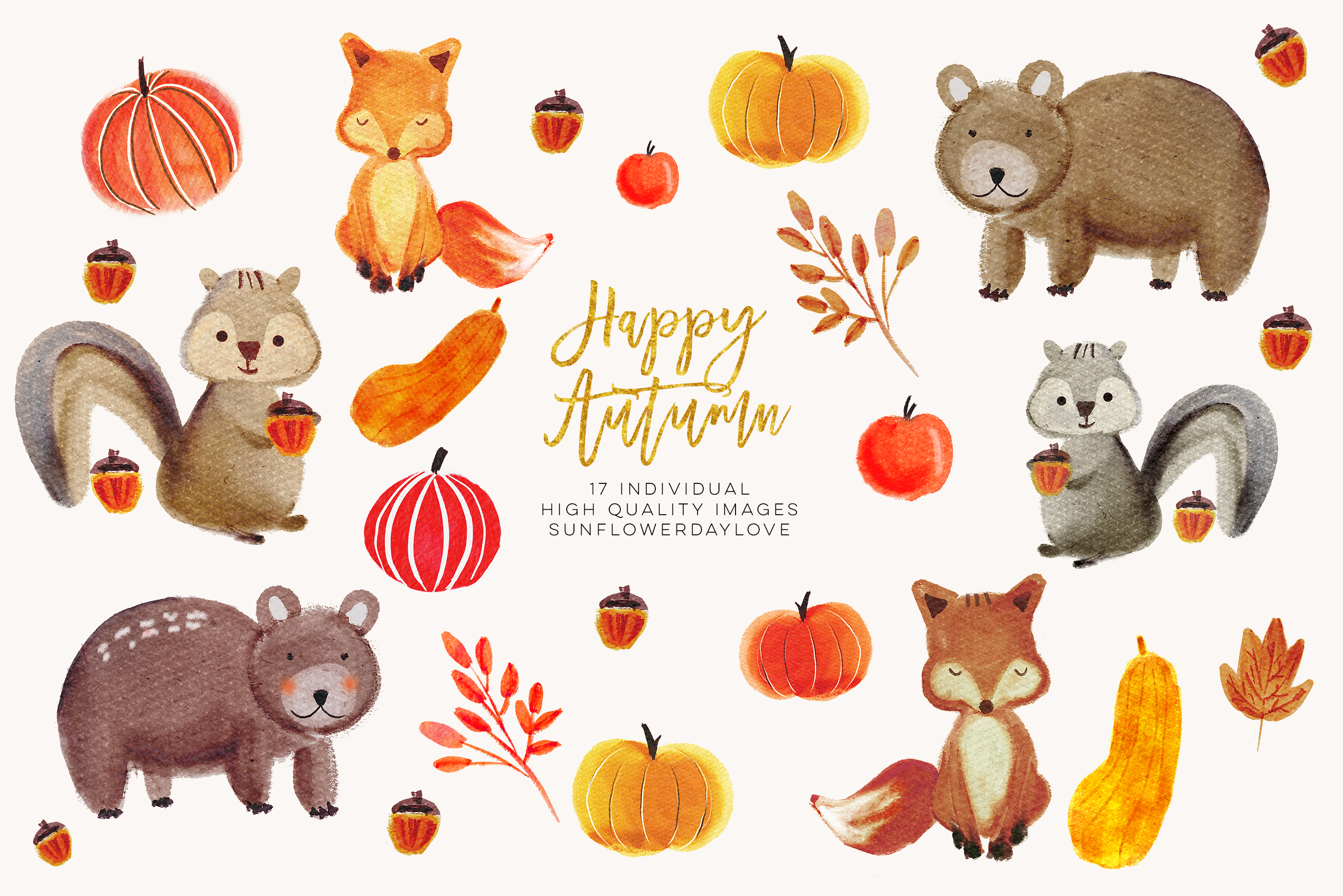 Watercolor forest animals clipart, autumn animal clip art, bear clipart,  fox clip art, Fall Animal Clip Art Illustrations, woodland clipart.