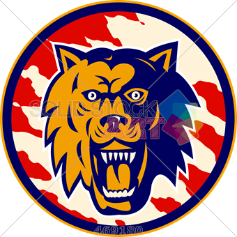 Stock Illustration of Logo growling open mouth wolf mascot.