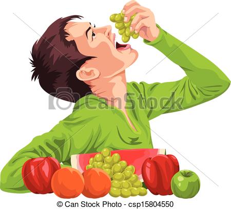 Clipart Vector of Vector of young boy eating fruit..