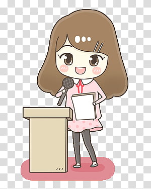 Kawaii People, girl speaking near podium illustration.