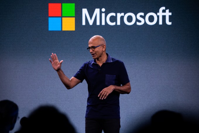 Satya Nadella, chief executive officer of Microsoft Corp., speaks during a Microsoft product event in New York