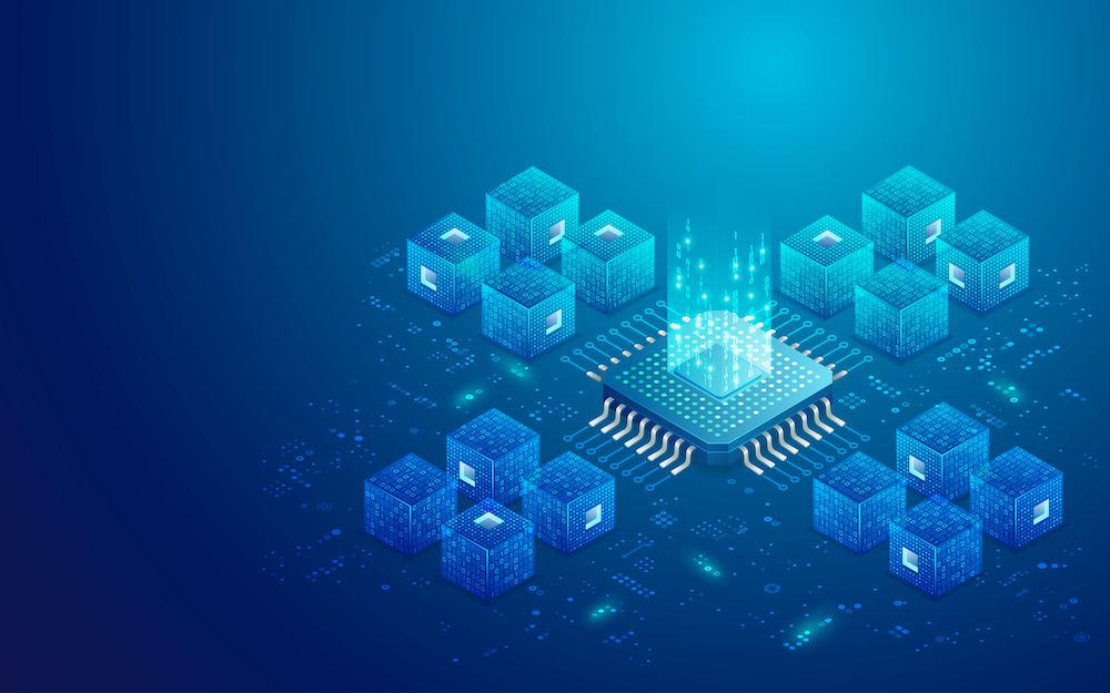 concept of quantum computing or big data, graphic of microchip with futuristic cube and technology elements presented in isometric