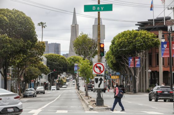 SAN FRANCISCO, CA - June 23: A view of the Transamerica Pyramid can be seen from Bay Street in San Francisco, Calif. on Wednesday, June 23, 2021. (Brontë Wittpenn/The San Francisco Chronicle via Getty Images)