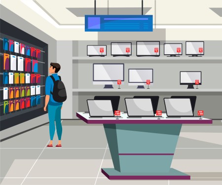 Vector flat Illustration of electronic store. Young man standing appliances shop department, shelves gadgets assortment. Discounts and retail sales of laptop, screens, computers or TV, tech products