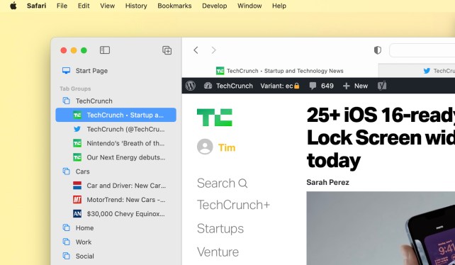 Safari 16 adds vertical tabs to the sidebar.