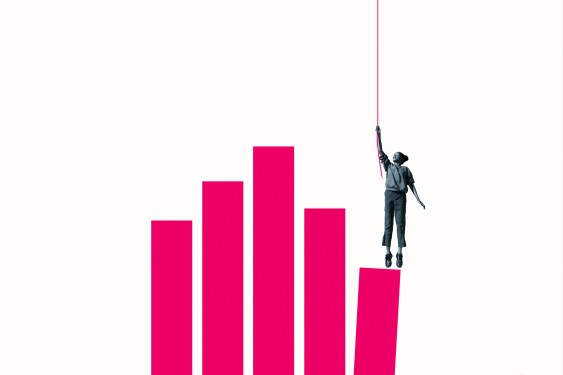 Woman hanging from rope over bar graph with downward trend.