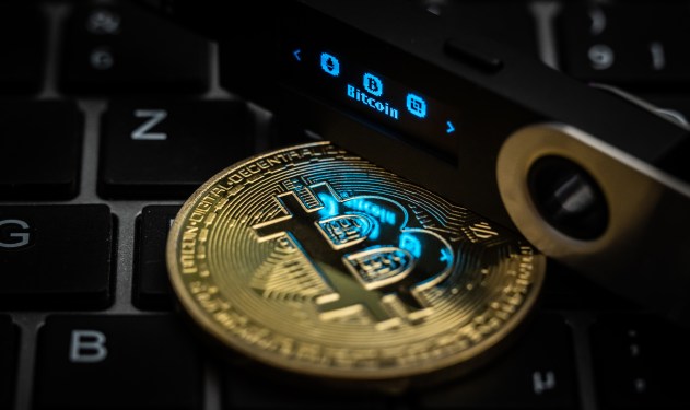 The word Bitcoin can be seen on the display of a Ledger Nano S hardware wallet next to a symbolic "Bitcoin coin". Photo: Silas Stein/dpa (Photo by Silas Stein/picture alliance via Getty Images)