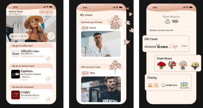 Three screenshots of the Blush dating app