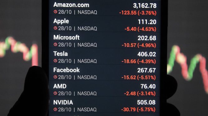 Big Tech stock market data displayed on a smartphone screen.