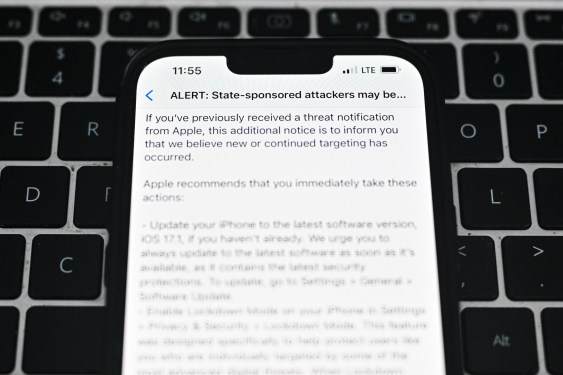 A Polish journalist iPhone displays an Apple alert saying "state sponsored attackers may be targeting your iPhone" on March 07, 2024 in Warsaw, Poland.