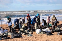 Volunteers work to clean up spilled oil on the shoreline following an incident involving two tankers damaged in a storm in the Kerch Strait, during an emergency response operation in the Black Sea resort of Anapa, Russia, in this picture released December 18, 2024. Anapa Mayor's Office/Handout via REUTERS