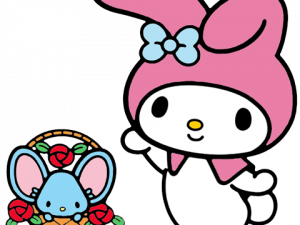 My Melody Character With Bunny Hat And Blue Mouse, Cute Cartoon Characters, Adorable Animal Illustrations, Sanrio Characters, My Melody PNG