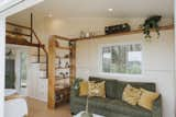 A sizable window in the living room frames a view of of the adjacent pine tree forest. A recycled Rimu timber shelf above the window provides additional storage.