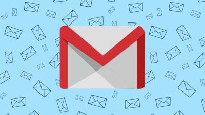 Illustration of a large Gmail icon in the center surrounded by smaller email icons on a blue background.