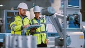 Two manufacturing professionals working on a tablet.