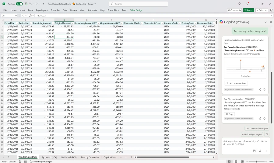 A screenshot of how Excel copilot can be used on finance data from Business Central to identify data outliers.