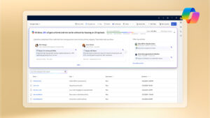 A screenshot from the Dynamics 365 sales hub showing open leads. The screen shot is displayed in a mockup monitor, atop a light orange background, with the Copilot logo overlaid on the top right.