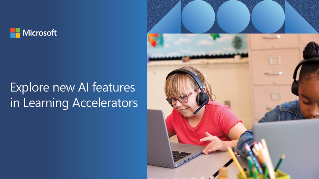 Decorative. Two young students wearing headphones and working on laptops in a school classroom. The photo is framed by blue graphic elements and the Microsoft logo.