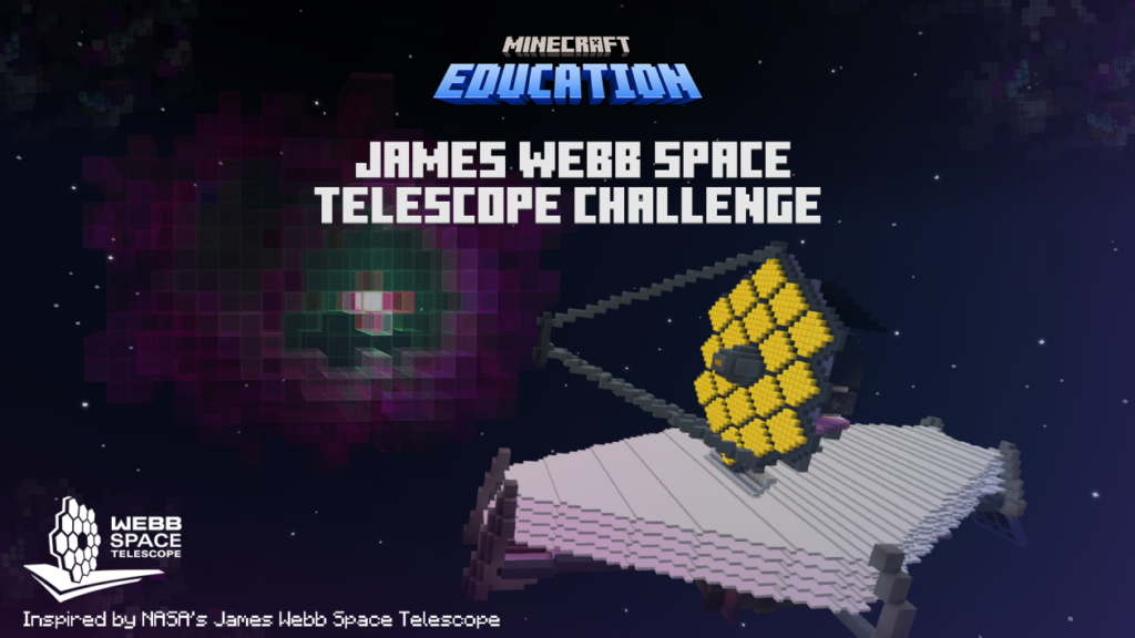 Decorative. A depiction of a telescope in Minecraft blocks, inspired by NASA’s James Webb Space Telescope. Image includes the Minecraft Education and Webb Space Telescope logos.