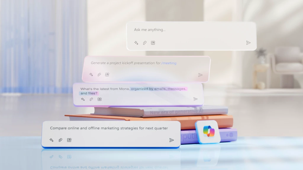 Microsoft Copilot text boxes with meeting prompts and text screens in front of a background of three stacked books.