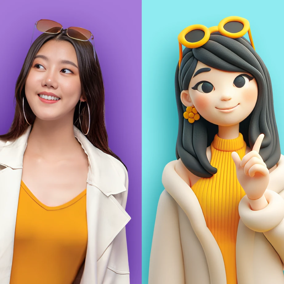 A woman wearing a bright orange shirt, beige jacket, hoop earrings, and sunglasses on her head with a purple background on the left and a restyle of the photo on the left in claymation style with a teal background on the right.