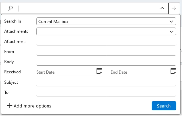 Screen shot of the Outlook advanced search dialog