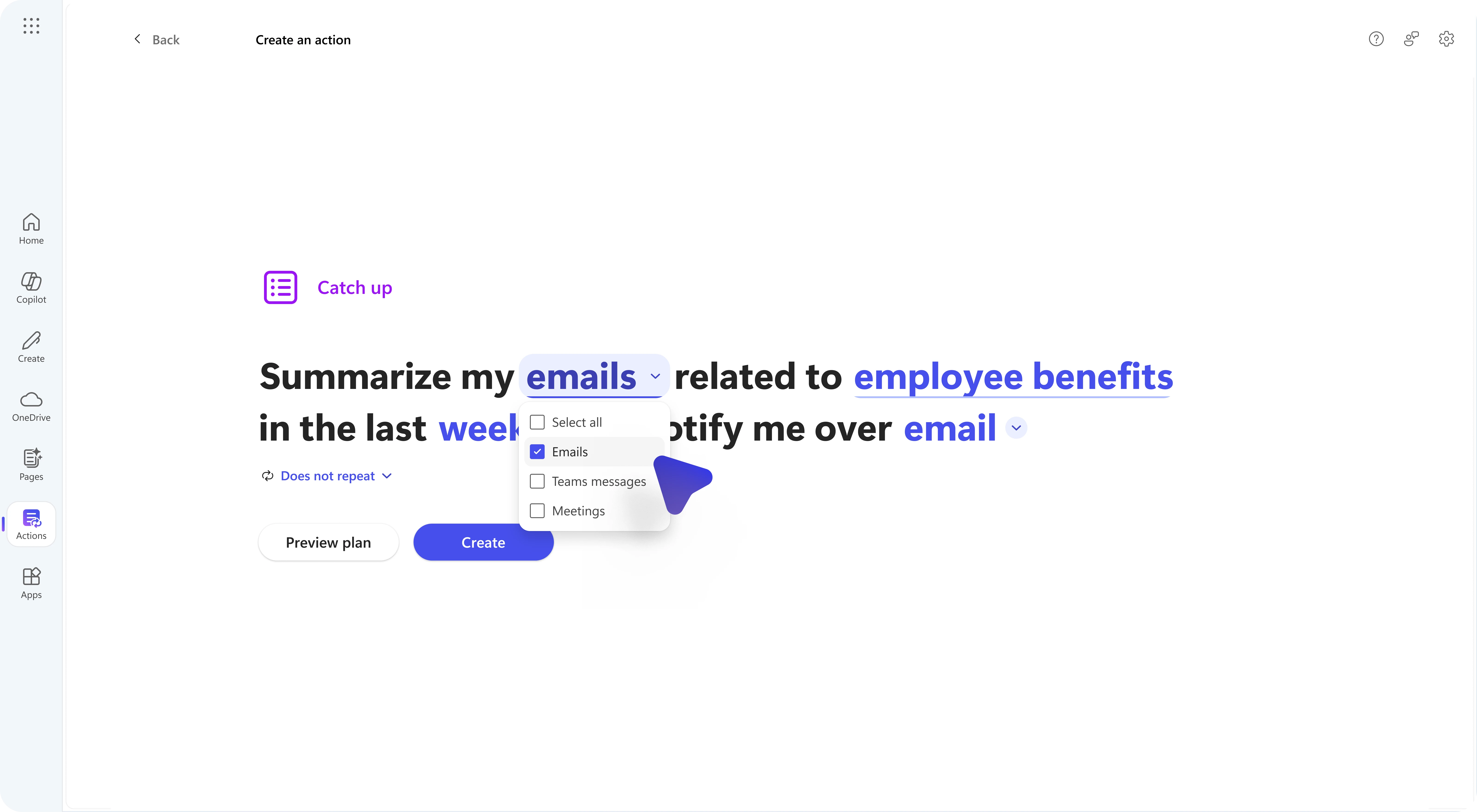 A screenshot of in-product UI of a user customizing Copilot Actions template by click on drop down options