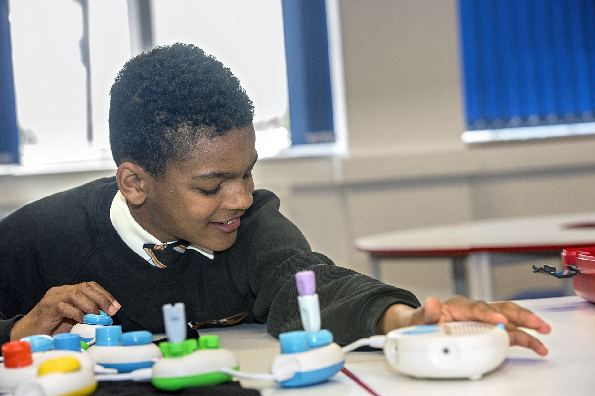 Rico was part of a group of students at New College Worcester in Worcester, UK, who participated in a beta test of the technology behind Code Jumper. Photo by Jonathan Banks.