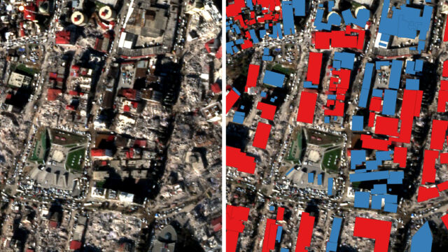 Using geospatial data to assess damage to buildings in the affected region after the February 6, 2023 earthquake in Turkey.