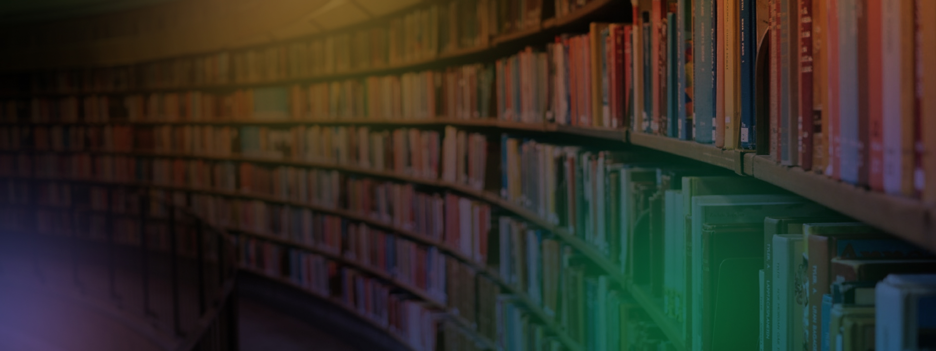 An image of books on library shelves with a rainbow gradient overlay