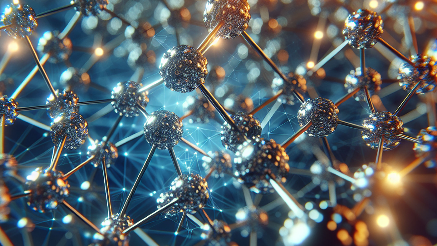 The image features a complex network of interconnected nodes with a molecular structure, illuminated in blue against a dark background.