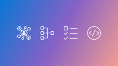 AutoGen: White icons representing (from left to right) agents (multi), workflow, tasks, and coding on a blue to purple to pink gradient background.