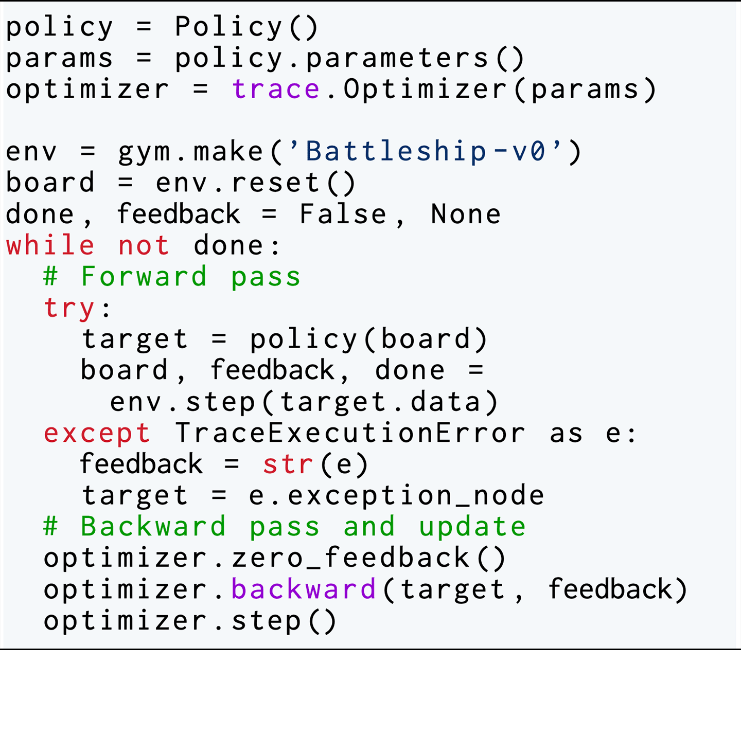 The agent’s policy is optimized by a simple but generic training loop, which mimics neural network training. First the agent’s policy and an iterative optimizer for it are declared. In each iteration, the agent’s policy takes a board configuration as input and outputs a target location. The environment returns feedback on whether the target successfully hits a ship or not. Alternatively, when the agent’s policy triggers any execution error, the error is used as feedback. Then the feedback is propagated to the parameters in the trainable policy for updates. 