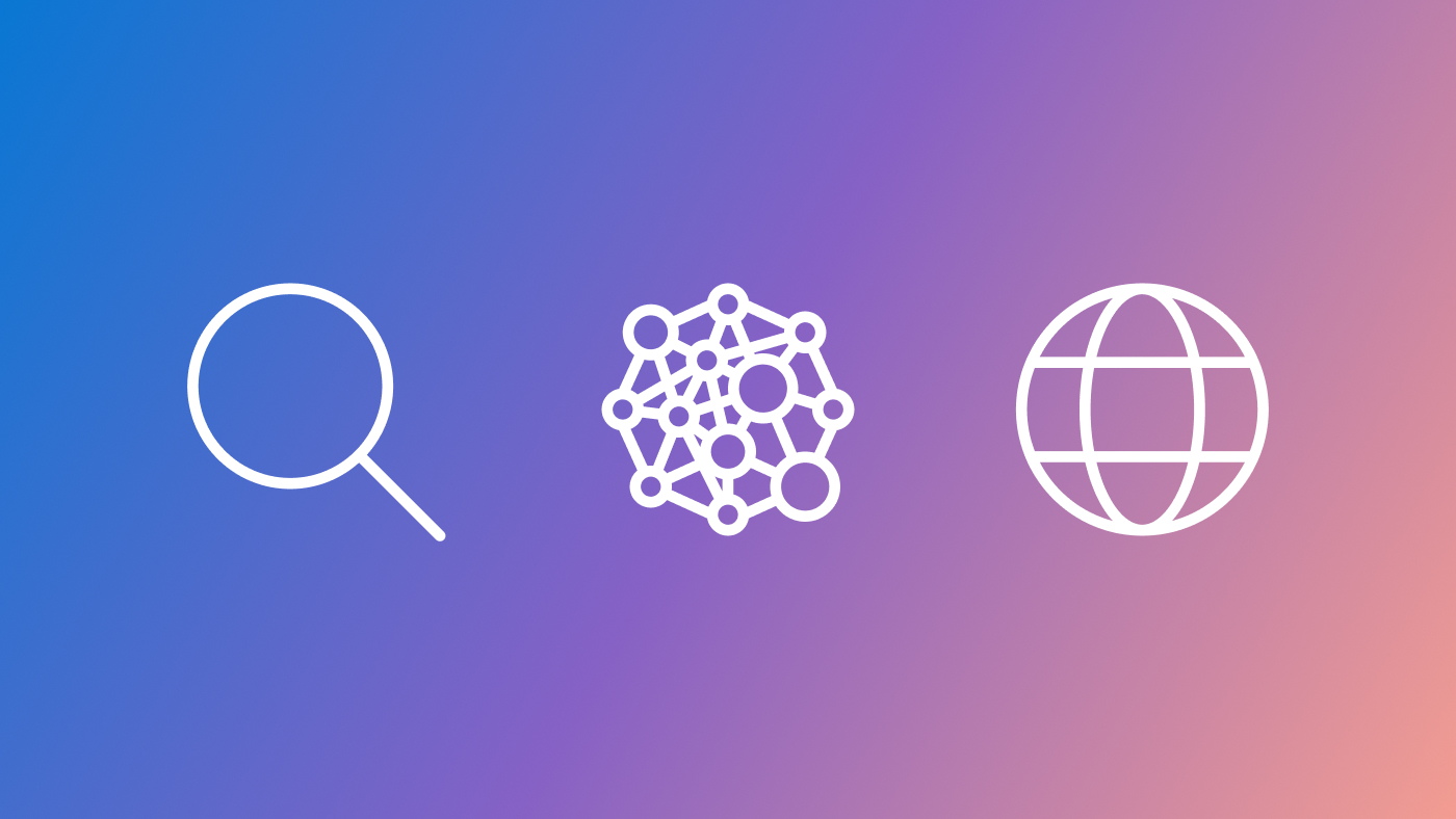 Three icons that represent local and global search and GraphRAG. These icons sit on a blue to pink gradient.