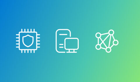 Icons representing hardware and devices, security, privacy, and cryptography, and systems and networking on a blue to green gradient background.