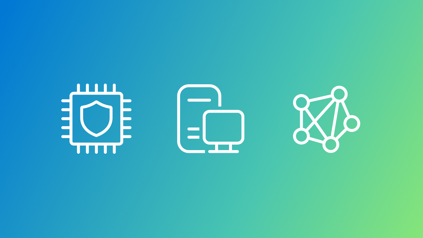 Icons representing hardware and devices, security, privacy, and cryptography, and systems and networking on a blue to green gradient background.