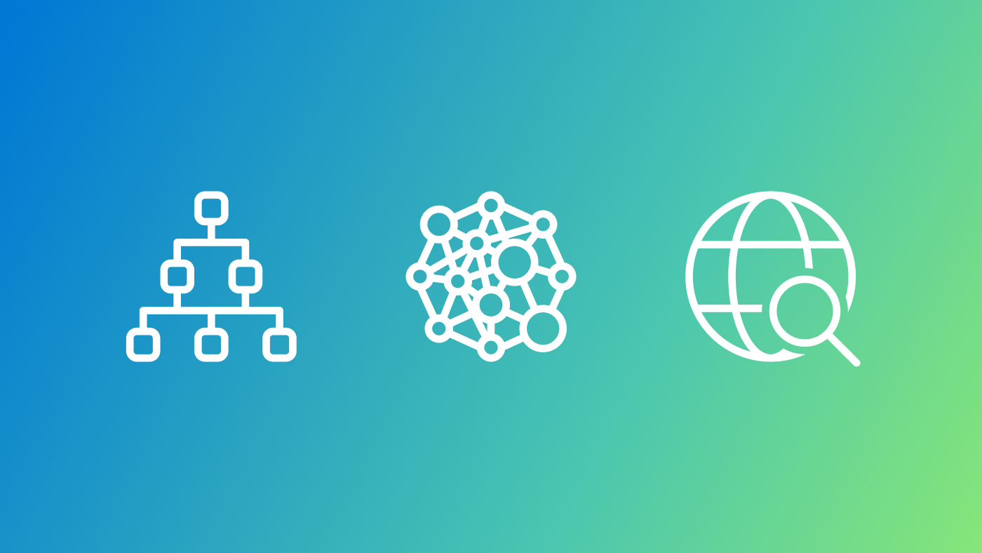 The image features three white icons on a gradient background transitioning from blue on the left to green on the right. The first icon, located on the left, depicts a hierarchical structure resembling a workflow with connected squares. The middle icon represents GraphRAG (interconnected nodes and lines). The third icon, on the right, shows a globe with a magnifying glass overlaying it, symbolizing global search.