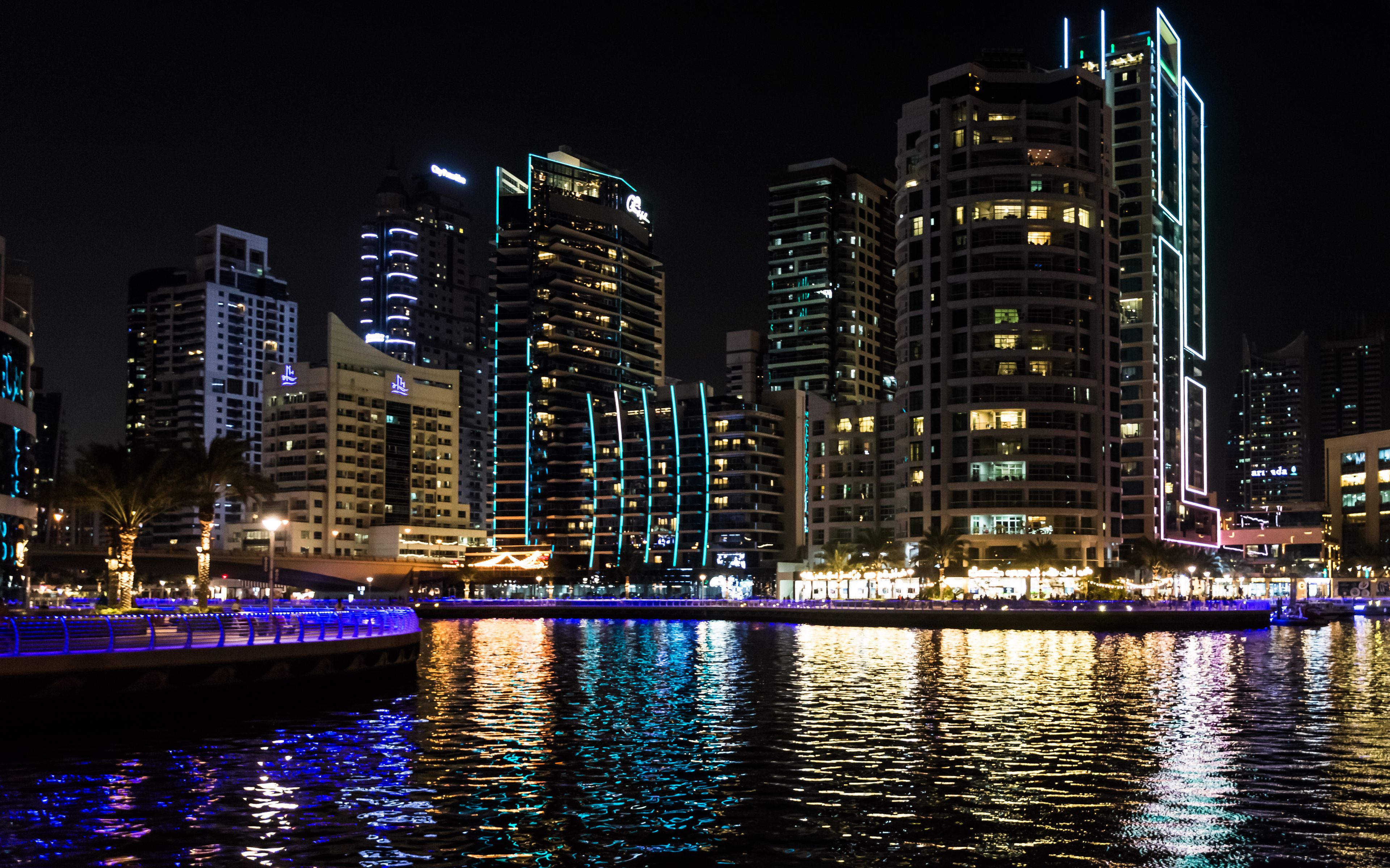 Download wallpaper 3840x2400 buildings, sea, ripples, lights, night ...